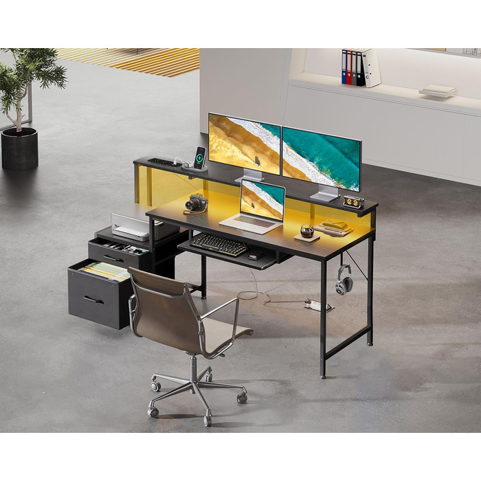 Ігровий стіл Coleshome зі світлодіодним освітленням, 140x48 см, стіл з тканинними шухлядами, комп&39ютерний стіл з 2 розетками та 2 USB-портами, ігровий стіл з підставкою для монітора для домашнього офісу, чорний 140x48 см, чорний