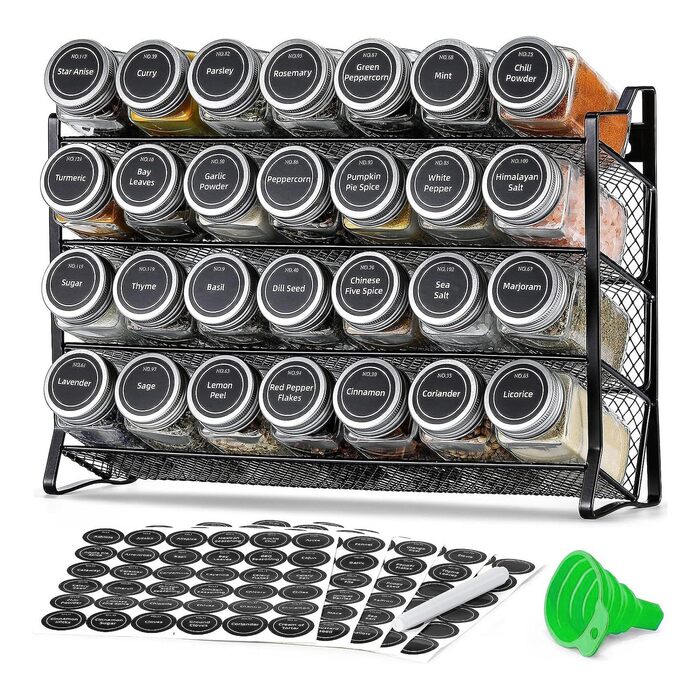 Настінна підставка для спецій, кухонний органайзер з 28 банками для спецій та 180 етикетками для спецій, прозора, для кухні, стільниці, шафи, комори
