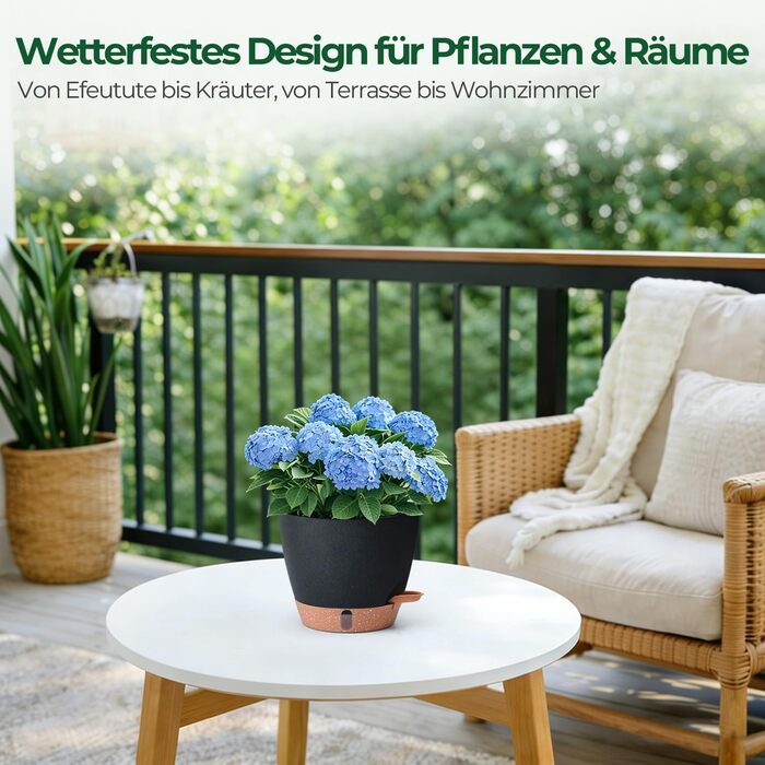 Набір з 2 предметів T4U, самополивний квітковий горщик 20 см з глибоким резервуаром для води, для зелених рослин, великий квітковий горщик для приміщень та вулиці, також підходить як велике кашпо для вулиці, чорний, 20 см