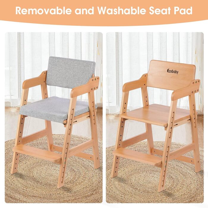 Стільчик для годування Ezebaby, регульований по висоті дерев'яний стільчик для дітей від 2 до 12 років, дитячий стілець з бука, на