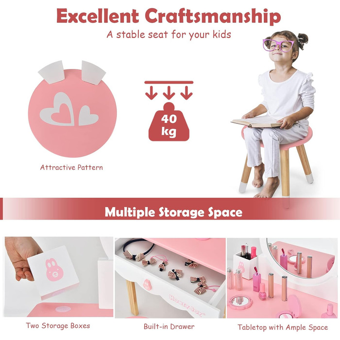 Дитячий туалетний столик LIFEZEAL 2 в 1, дитячий косметичний столик зі знімним дзеркалом і табуреткою, туалетний столик для дівчат