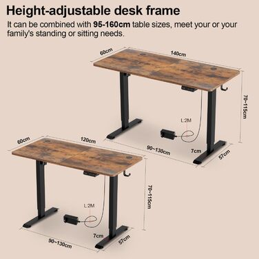 Стіл з регулюванням висоти 140 x 60 x (70-115) см, електричний стіл з регульованою висотою та портом зарядки USB-A/C, функцією пам&39яті, захистом від зіткнень, зрощеною стільницею, вінтажно-коричневий, з портом зарядки USB-A/C, килимками для миші, гачкам