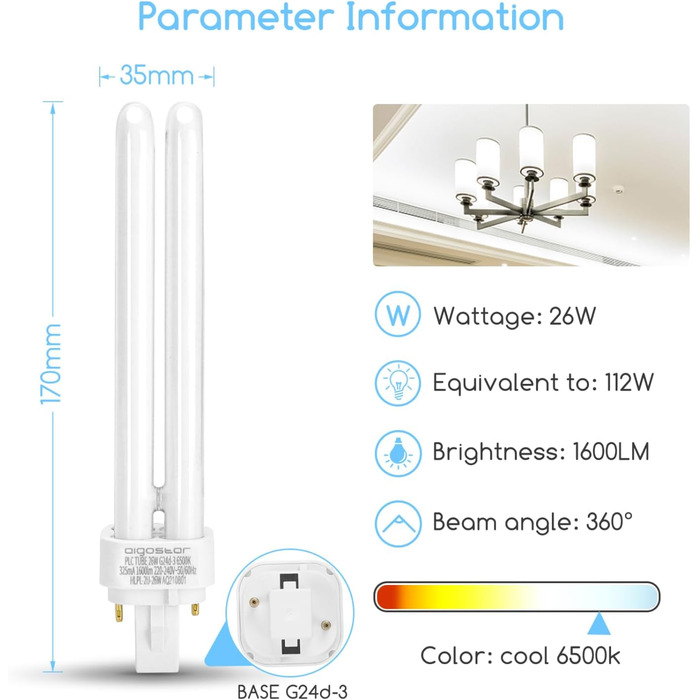 Лампа Aigostar Холодні білі люмінесцентні трубки 2-контактний ПЛК 26 Вт G24 6400K 1560 лм Енергозберігаюча лампа, упаковка 5 шт.