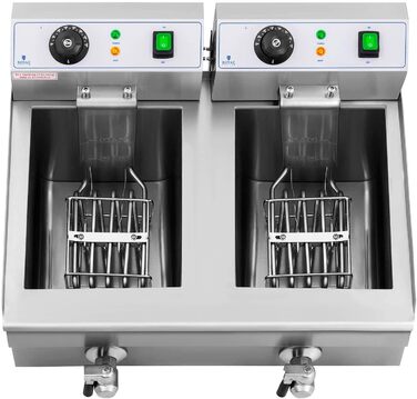 Подвійна фритюрниця з нержавіючої сталі Royal Catering RCEF 10DB (2 x 3,000 Вт, ємність 2 x 10 л, діапазон температур 50-200 C, холодна зона, зі зливними кранами)