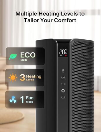 Електричний вентилятор-обігрівач PELONIS Tower Heater 2000 Вт з пультом дистанційного керування, швидкий нагрів 2S, коливання 75, еко-режим, захист від перегріву та перекидання, тихий керамічний обігрівач для спальні та офісу, 23 дюйми, чорний
