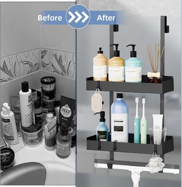Підвісна полиця для душу, органайзер для скляних душових дверей, тримач для шампуню, кошик для душу без свердління, чорний, з 8 гачками, нержавіюча сталь 65.5x30x11.2 см