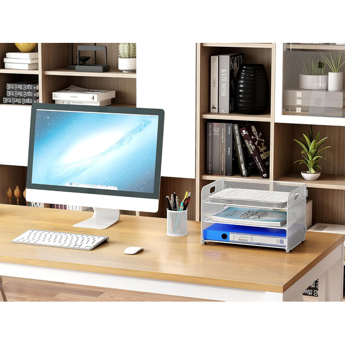 Металевий офісний органайзер EasyPAG A4 з 3 відділеннями, тримач для документів, лоток для файлів, тримач для журналів, лоток для листів, органайзер для паперових журналів, білий, 33,5 x 24 x 21 см