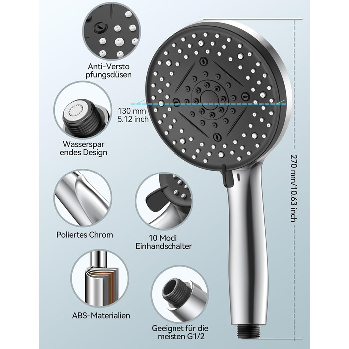 Лійка для душу високого тиску з 10 режимами, водозберігаюча душова лійка, лійка для підвищення тиску води, потужний струмінь для очищення ванни, плитки, домашніх тварин. Лійка для душу (10 режимів)