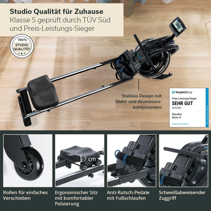 Водний гребний тренажер Skandika Nemo IV Водний гребний тренажер студійної якості для домашнього використання, сертифікований TV Sd, Kinomap, тримач для планшета, стійкий Водостійкий гребний тренажер, чорний
