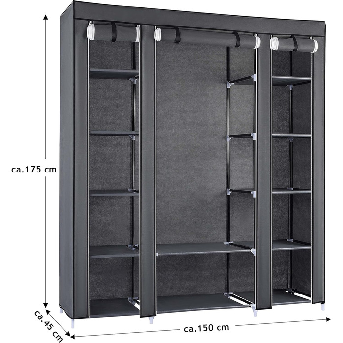 Тканинна шафа Ribelli з 12 відділеннями та вішалки для одягу, приблизно 175 x 150 x 45 см, Складана шафа з вілу, Шафа для спальні, вітальні, гардеробної, Сірий, 12 відділень, Сірий