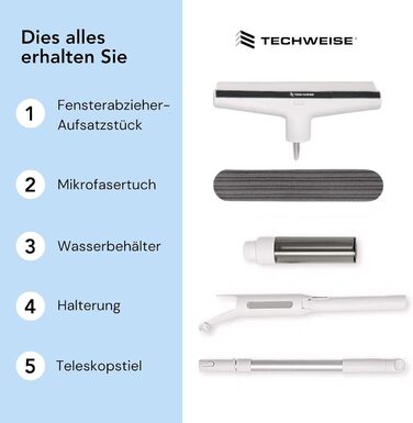 Мийник вікон TECHWEISE 4-в-1 з телескопічною ручкою, віконний ракель 130 см, віконний пилосос, засіб для миття вікон з функцією розпилення та піддоном для крапель води, віконний ракель