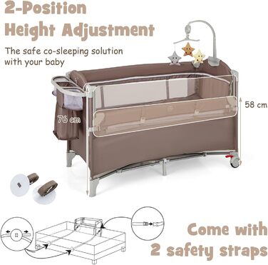 Складане дитяче ліжечко LIFEZEAL з пеленальний столик, дорожнє ліжечко з ігровою аркою та музичними дзвіночками, мобільне дитяче дорожнє ліжечко з сумкою для зберігання, для немовлят 0-36 місяців (коричневе)