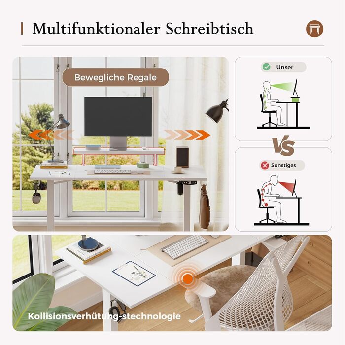 Стіл Klicelor з регульованою висотою та рухомою підставкою для монітора, 140x80 см, стіл для роботи сидячи/стоячи з 2 кнопками пам&39яті, 4-елементна стільниця, комп&39ютерний стіл, білий 140 x 80 см