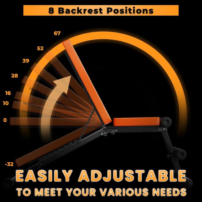 Регульована силова лава, складна тренувальна лава, похила лава з 8-позиційною регульованою спинкою, фітнес-лава, похила лава для тренування всього тіла, вантажопідйомність 660 фунтів, помаранчевий
