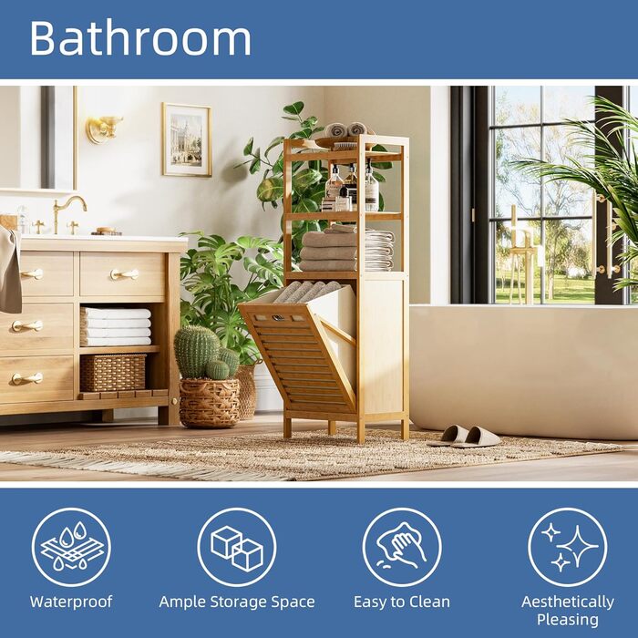 Шафа для ванної кімнати HITNET з кошиком для білизни, бамбукова шафа для ванної кімнати з кошиком для білизни та 3 відкритими полицями, знімні внутрішні кишені об&39ємом 32 л з ручками для ванної кімнати та спальні, натуральний колір