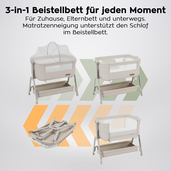 Дитяче ліжечко TULANO Dream 50 3-в-1 з колесами - Дитяче ліжко - Дорожнє ліжечко з матрацом - Регульована висота - Відкидна спальна поверхня - З москітною сіткою та кошиком для зберігання - Бежевий