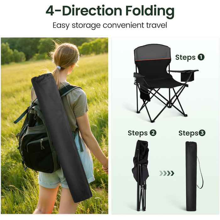 Складане крісло для кемпінгу HIGH POINT SPORTS, комплект з 2 шт. , витримує до 102 кг, крісло для кемпінгу, розкладне крісло з підсклянниками, розкладне рибальське крісло з підлокітниками, вуличне крісло, чорне
