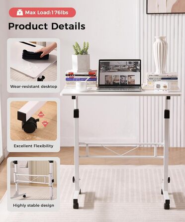 Стіл KLSMYHOKI з регульованою висотою та колесами, стіл для домашнього офісу з можливістю сидіти та стояти, мобільний комп&39ютерний стіл, білий стіл для роботи стоячи, сумісний з біговою доріжкою та килимком для ходьби, 80 см x 40 см, висота 70-110 с
