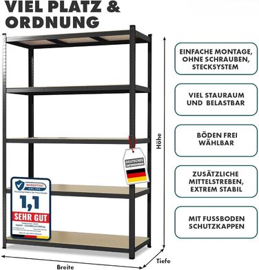 Міцний стелаж etm, упаковка з 2 шт., 200 x 100 x 50 см, чорний Безболтовий стелаж, стелаж для зберігання, окремостоячий стелаж, система складання без інструментів (Lakota, чорний) Чорний 200 x 100 x 50 см