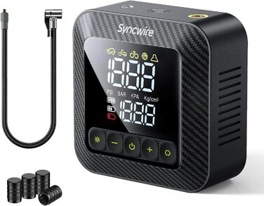 Портативний повітряний компресор Syncwire Air Pump 10,35 бар Насос для шин у 3 рази швидший Електричний повітряний насос Автомобільний насос для шин Автомобільний насос для кількох режимів, з кришками клапанів для автомобільних шин, надзвичайно великий РК