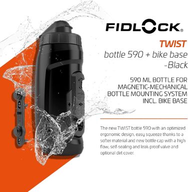 Пляшка Fidlock TWIST 590 велосипедна основа велосипедна пляшка для води об&39ємом 590 мл з магнітно-механічним тримачем, включаючи тримач, без BPA та придатна для миття в посудомийній машині, колір чорний, 590 мл