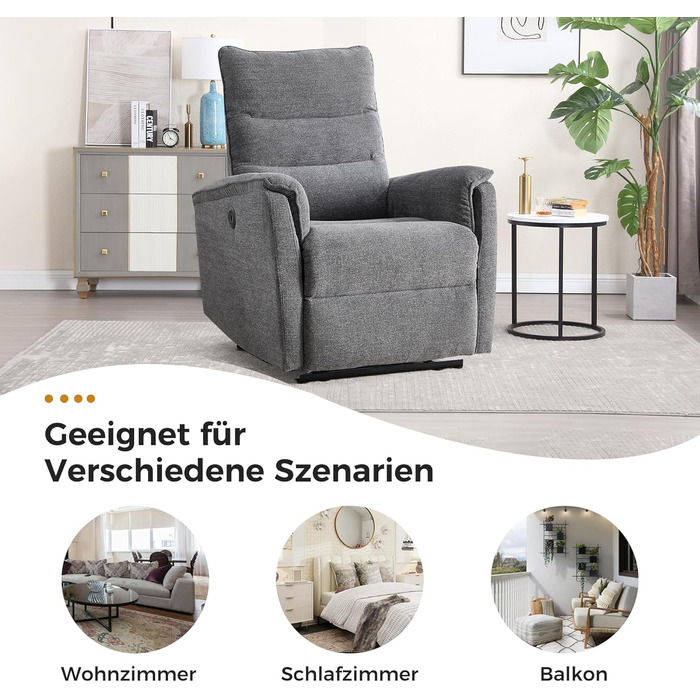 Електричне крісло-реклайнер для телевізора EBELLO з функцією відкидання, крісло для телевізора у вітальні, витримує до 150 кг, одне крісло-реклайнер для вітальні, темно-сірий 1 темно-сірий