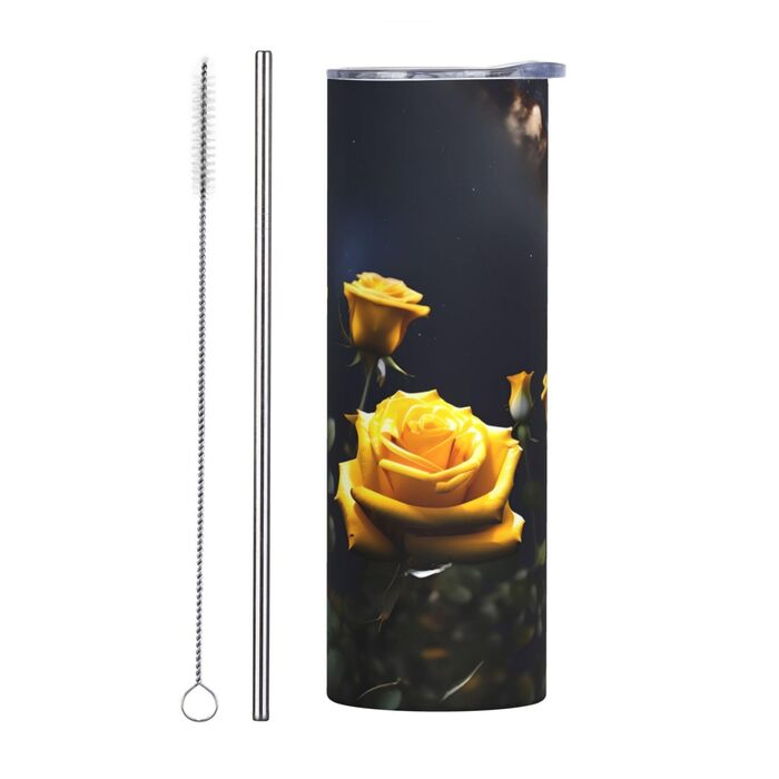 Кухоль з прямою трубочкою, красиві жовті троянди, принт, дорожній кухоль, підходить для кемпінгу, офісу та дому, 590 мл