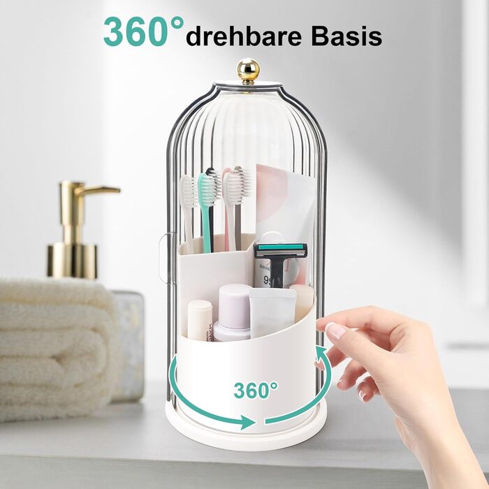 Тримач для зубних щіток RISEMART із ковзною кришкою, обертовий органайзер для ванної кімнати з 3 відділеннями для стільниці, тримач для зубних щіток і пасти, тримач для ванної кімнати, органайзер для раковини для косметичних щіток