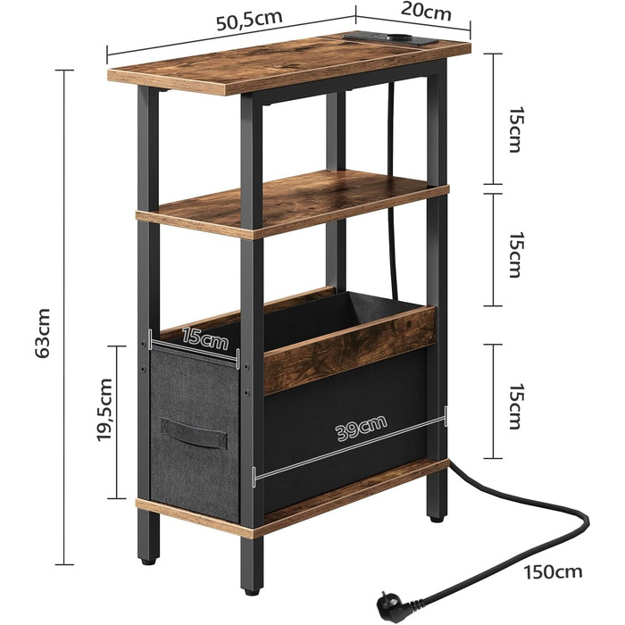 Журнальний столик із зарядною станцією, тумбочка біля ліжка зі знімною шухлядою, невеликий журнальний столик для обмеженого простору, спальня, вітальня, офіс, рустикальний коричневий та чорний AETHR125UE01