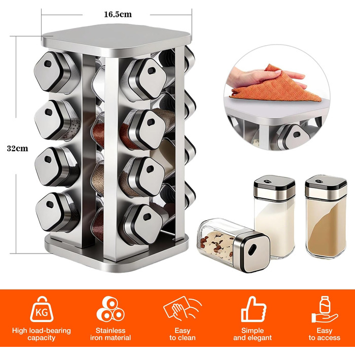 Стійка для спецій PTUWODS з 16 квадратними банками для спецій, карусель для спецій з нержавіючої сталі, що обертається на 360, органайзер для спецій, контейнери для спецій зі вставкою-шейкером, 16 банок