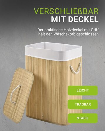 Бамбуковий кошик для білизни Juskys Curly Natural 72 л - Гігієнічний та складаний кошик для білизни з кришкою, ручкою для перенесе