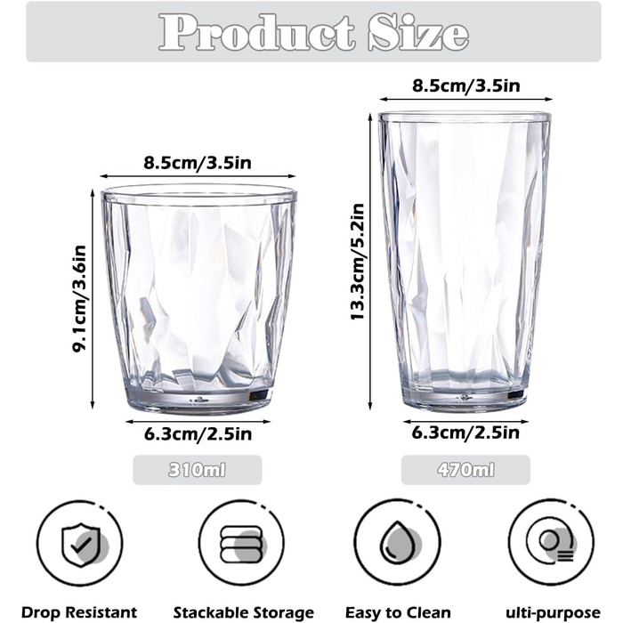 Набір склянок для води TIE-DailyNec 8 PCS, різнокольорові пластикові склянки для пиття 470 мл та 310 мл, небиткі склянки для пиття