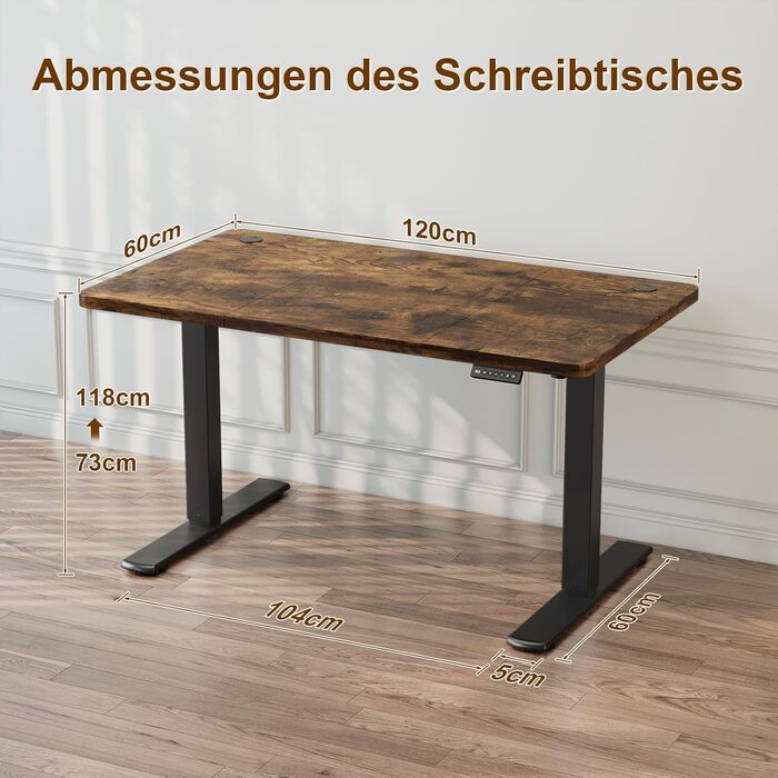 Електричний стіл з регульованою висотою та USB-портом для зарядки, стіл з регульованою висотою, ергономічний стіл для роботи сидячи та стоячи 120 x 60 см, коричневий