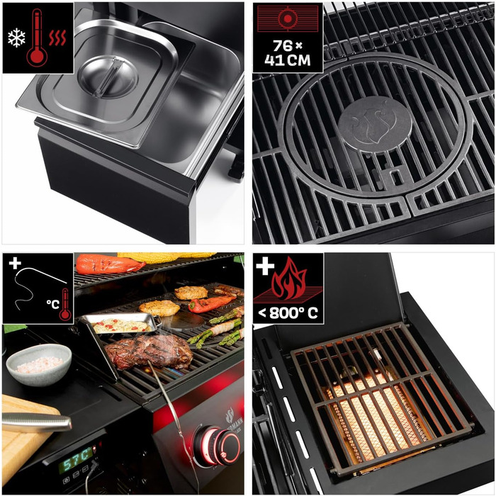 Газовий гриль LANDMANN COOL BLACK 4.1 maxX Гриль-візок з 4 пальниками, бічним пальником та зоною maxX до 800 C З решіткою для підігріву, великою робочою поверхнею, двостінною кришкою та бічними столиками