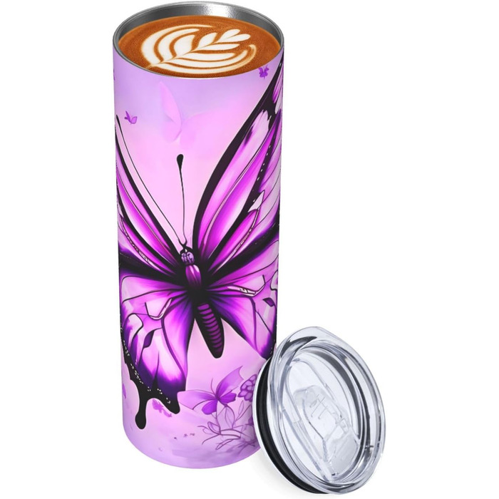 Кухоль з прямою трубочкою, 590 мл, принт фіолетового метелика, дорожній кухоль, підходить для кемпінгу, офісу та дому