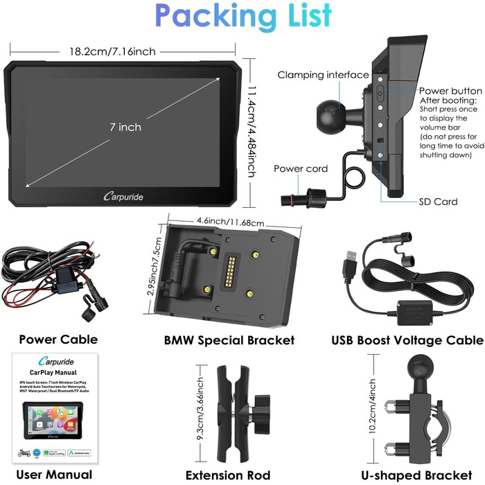 Мотоциклетний GPS-екран Carpuride W702B Carplay з дизайнерським кронштейном для мотоциклів BMW, бездротовим CarPlay і Android Auto, портативним водонепроникним 7-дюймовим сенсорним екраном, подвійним Bluetooth, навігацією, Siri.