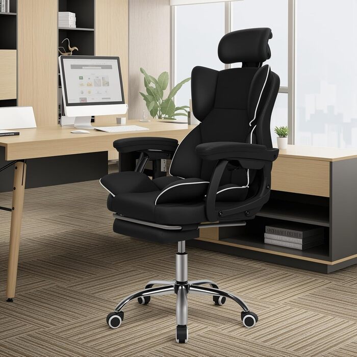 Ергономічне офісне крісло Yokawe з підставкою для ніг, вантажопідйомність 180 кг, комп&39ютерне та ігрове крісло зі штучної шкіри з підголівником та поперековою опорою, чорне