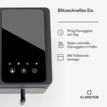 Машина для кубиків льоду Klarstein для домашнього кемпінгу Gastro, швидка міні-машина для кубиків льоду маленька, професійний льодогенератор для кубиків льоду нагетсів, самоочищення, охоронна сигналізація та сенсорне керування, 15 кг/24 год