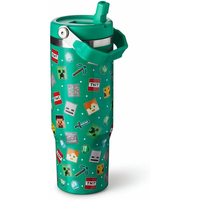 Дорожня кружка HOX Minecraft, кавова кружка з герметичною трубочкою та кришкою, двостінна, вакуумно-ізольована пляшка для води для офісу або автомобіля, зберігає холодну воду 17 годин та гарячу 5 годин, 900 мл, зелена новинка, сучасний дизайн