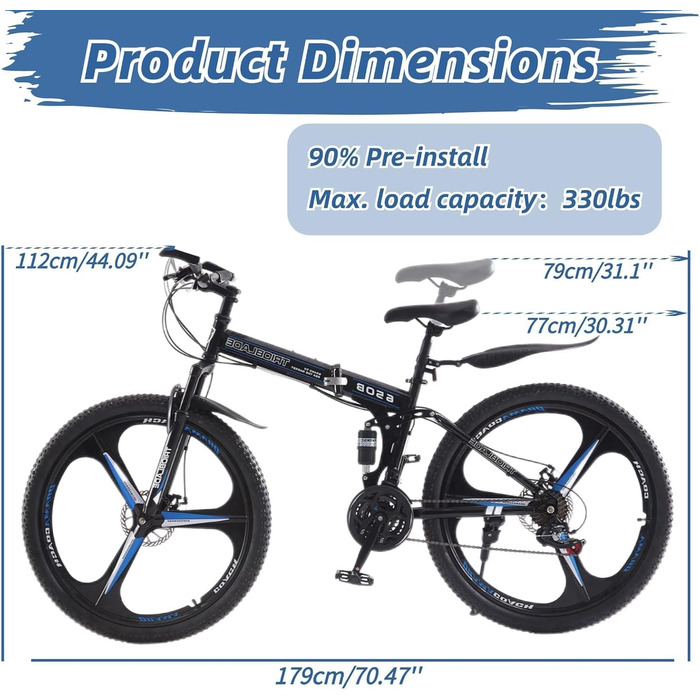 Дюймовий складний гірський велосипед, 21-швидкісна коробка передач Shimano, гірський велосипед з подвійною підвіскою, легка рама, гірський велосипед для чоловіків та жінок, складний спортивний велосипед для дорослих, чорно-синій, 27,5-