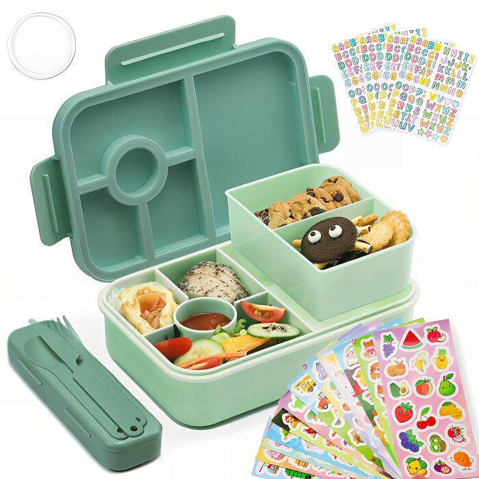 Ланчбокс дитячий Bugucat з роздільниками 1300 мл 16 наклейок, герметичний, з набором столових приборів, для дітей та дорослих, темно-зелений