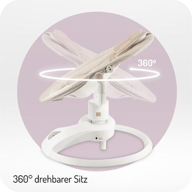 Гойдалка для немовлят PEARL до 9 кг, обертання сидіння на 360, LED-панель, Bluetooth, пульт дистанційного керування, живлення від батарейок або мережі, блок живлення з USB-кабелем, 5-точковий ремінь безпеки, дуга з іграшками