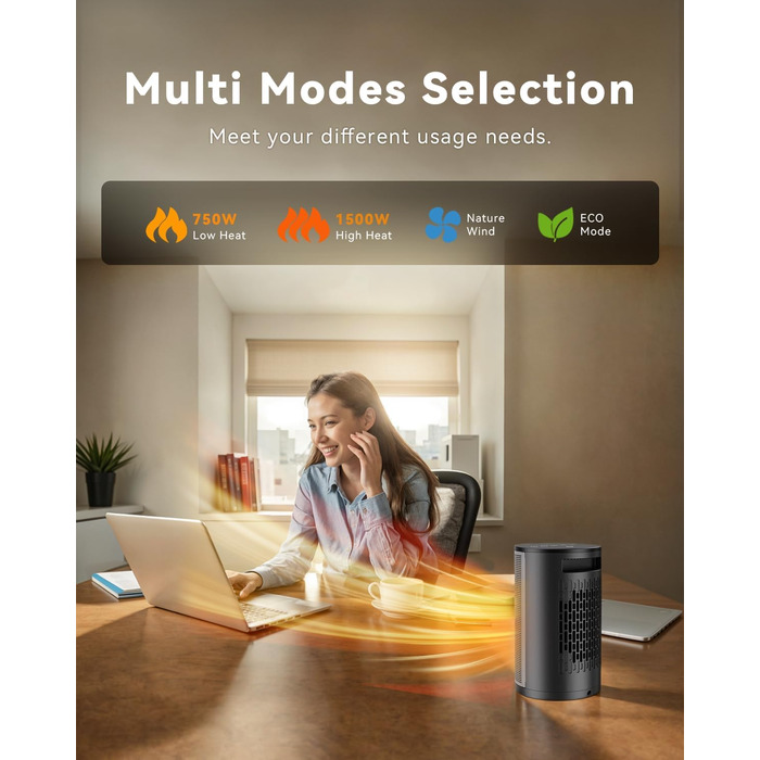 Енергозберігаючий електричний обігрівач, керамічний нагрівальний елемент PTC потужністю 1500 Вт, 4 режими, портативний обігрівач з термостатом, захист від перегріву та перекидання, 8-годинний таймер, для використання в приміщенні, чорний