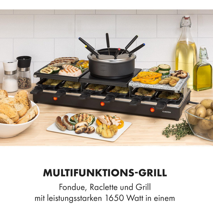 Гриль і фондю для раклету 3-в-1, 1650 Вт металевий/натуральний камінь/млинець, 3 окремі нагрівальні елементи з нержавіючої сталі, до 12 осіб, антипригарне покриття, чорний