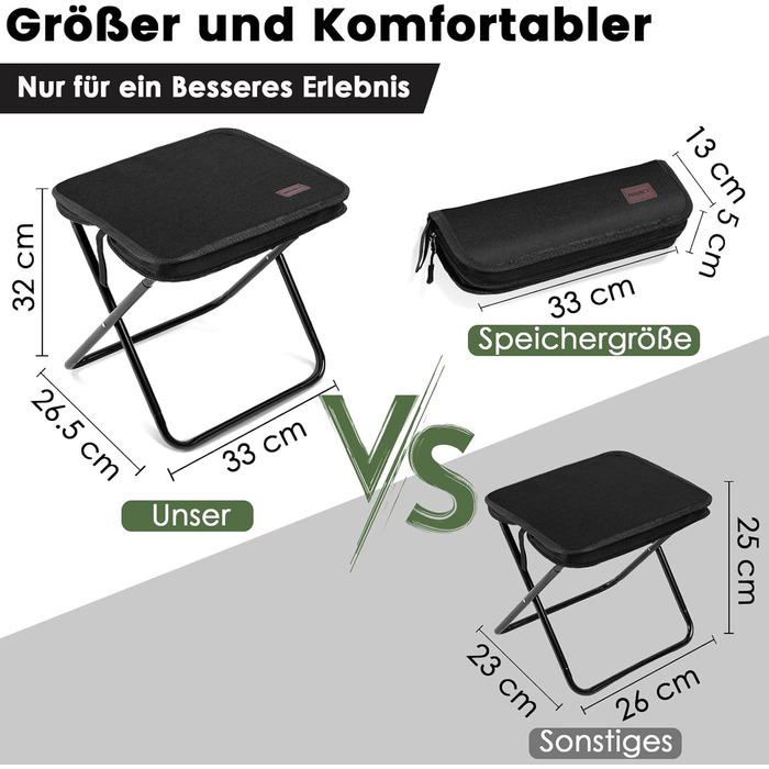 Складаний стілець MOONCY, 3326,532 см, Портативний кемпінговий стілець, Складаний, Витримує до 120 кг, Легкий рибальський стілець для походів, риболовлі та активного відпочинку, Чорний