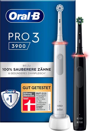 Електрична зубна щітка/електрична зубна щітка Oral-B PRO 3 3900, подвійна упаковка, з 3 режимами чищення та візуальним регулюванням тиску на 360 для догляду за зубами, подарунок чоловіку/жінці, дизайн Braun, білий/чорний Старий сингл