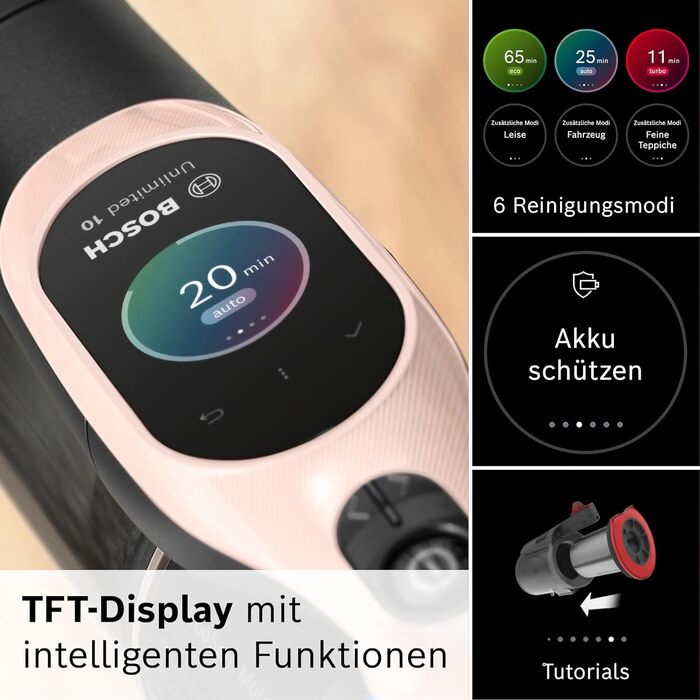 Акумуляторний пилосос Bosch Unlimited 10 BKS1041RHF, бездротовий, технологія MicroCleanTM, TFT-дисплей, стиснення пилу, система фі