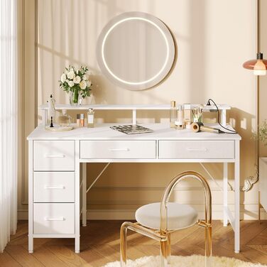 Письмовий стіл Rolanstar з 5 шухлядами, комп&39ютерний стіл з розетками, ігровий стіл зі світлодіодним освітленням, підставка для монітора, для домашнього офісу, спальні, вітальні, офісу (білий, 120 см)