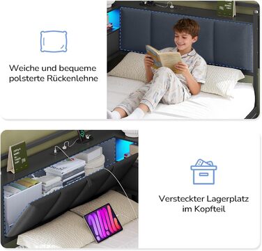 Диван-ліжко зі світлодіодним освітленням та зарядною станцією (2 розетки змінного струму 2 USB-порти), дитяче ліжко 90x200 см з 6 шухлядами, кушетка 90x200 см, м&39яка спинка з прихованим місцем для зберігання речей