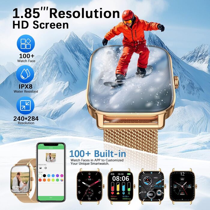 Жіночий смарт-годинник для фітнесу з функцією телефону Bluetooth-годинник з дзвінками, фітнес-трекер для чоловіків, водонепроникний смарт-годинник з пульсом, монітором сну, крокоміром, спортивний годинник для Android iOS, золотий